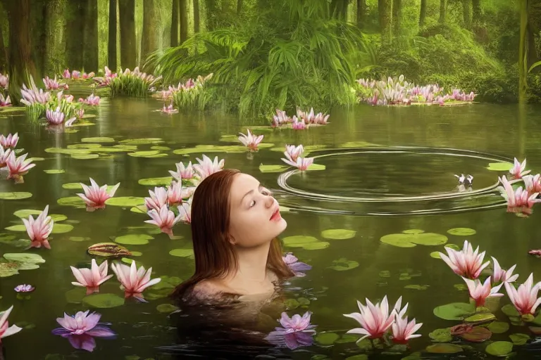 Prompt: hyperrealistic cinematic 3 d portrait of a woman's head and shoulders floating below the surface of a pond, surrounded by a forrest of lillies, deep focus, intricate, elegant, highly detailed, matte, sharp focus, by bill henson and gregory crewdson and james jean, trending on artstation