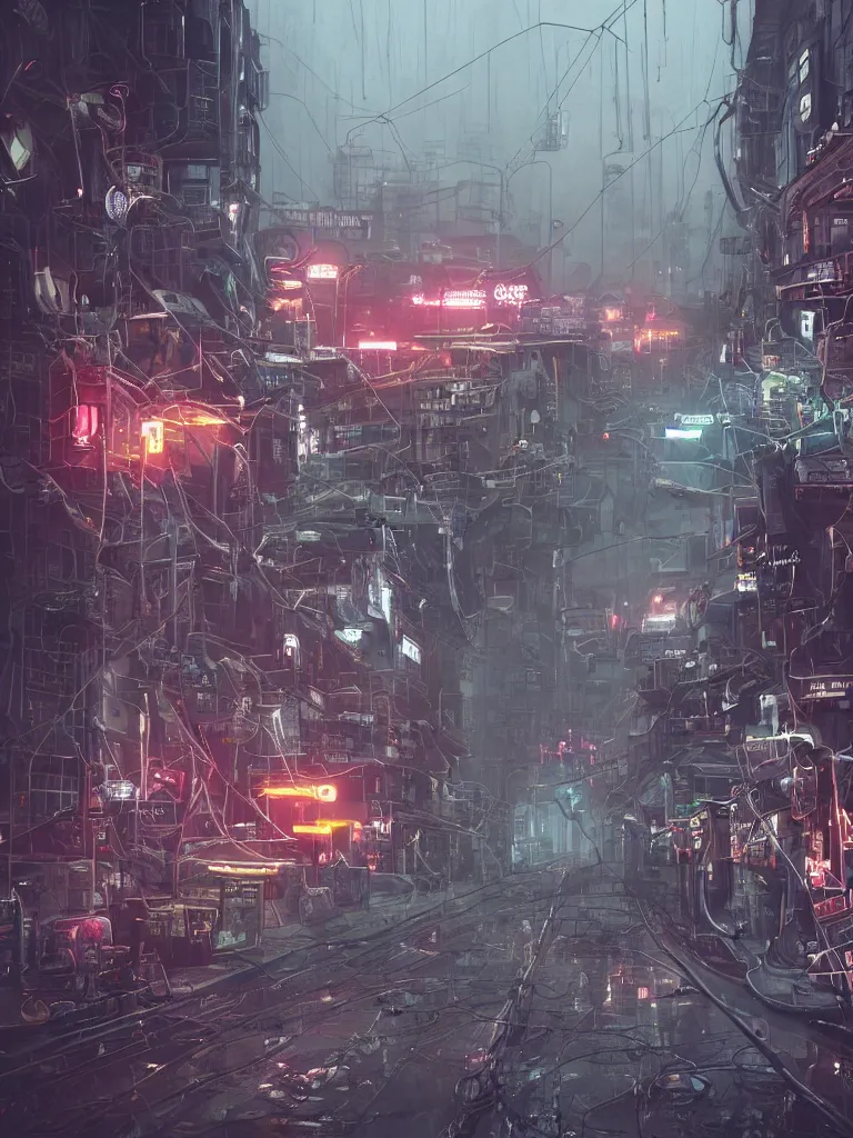 Image similar to futuristic dieselpunk street, cable stone ground. lots hanging cables, tiny wires on the ground. narrow, garbage on the ground. rain. fog, haze, evening. led screens. neon signs. very sharp. cables on the ground. very messy. futuristic. photorealistic. artstation. anime. studio gimbli style. golden rate.