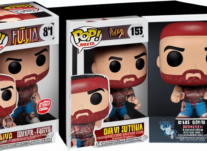 Image similar to product still of Dave Bautista funko pop with box, 85mm f1.8