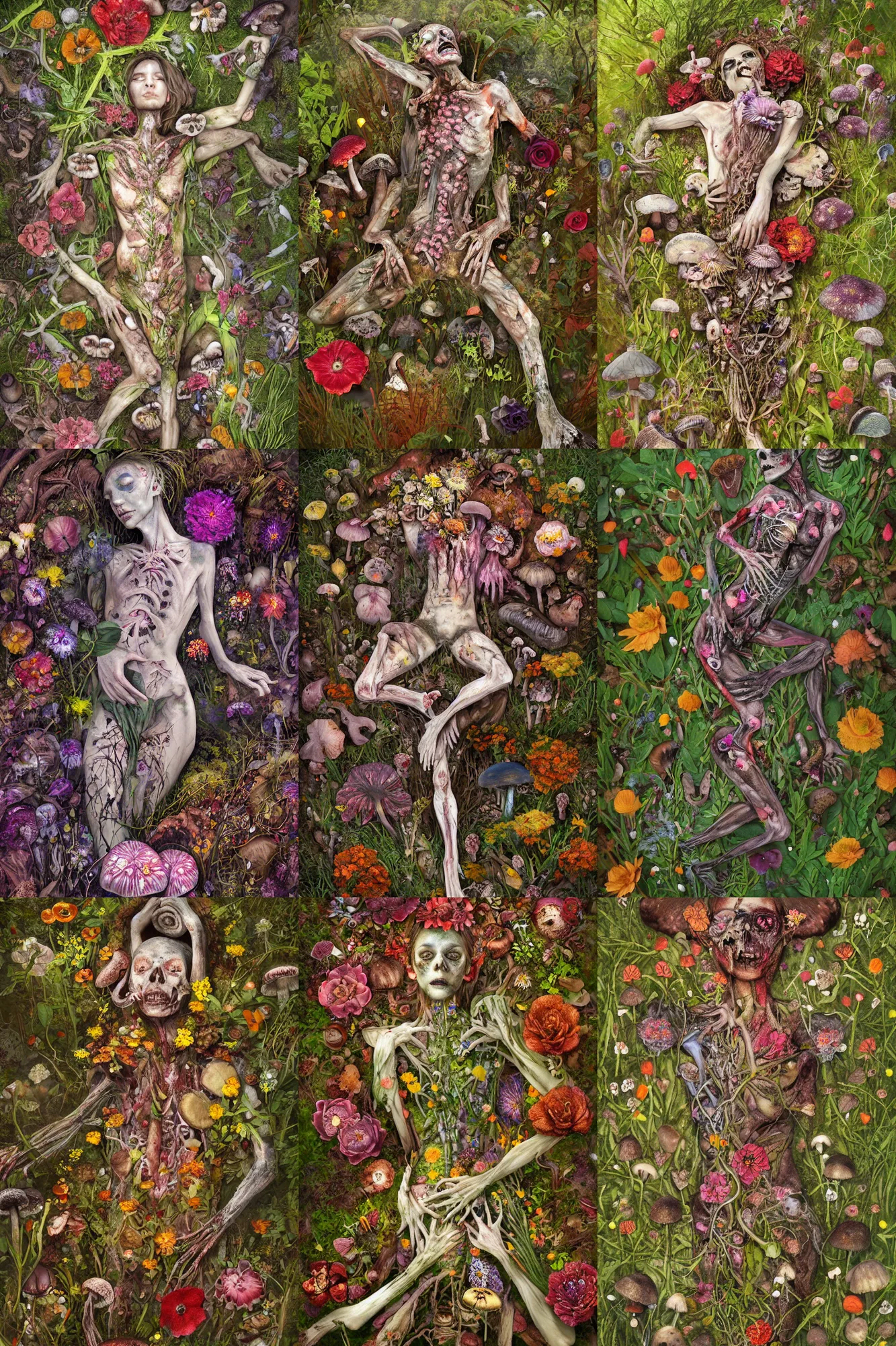 Prompt: dead body decaying on the forest floor, flowers and mushrooms cover the body, flowers grow from the body, mushrooms grow from the body, concept art, painting, aleksander rostov, beautiful, intricate, detailed, flowers!!!!, nature, warm color palette flowers, 8 k, trending on artstation, greg rutowski