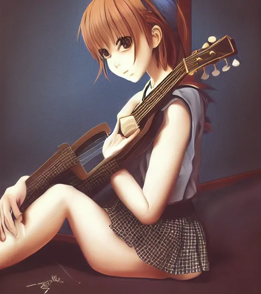 Prompt: a cute school girl portrait playing guitar on bedroom floor in detailed anime painting drawing style squareenix 3d unreal trending on artstation pixiv deviantart realistic hd frank Miller sorayama giger ito junji