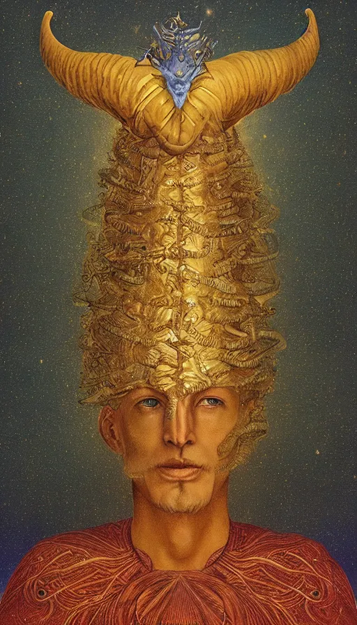 Image similar to the emperor, ram horns sprouting from his head, golden taurus, mars energy, ankh, wisdom, agostino arrivabene