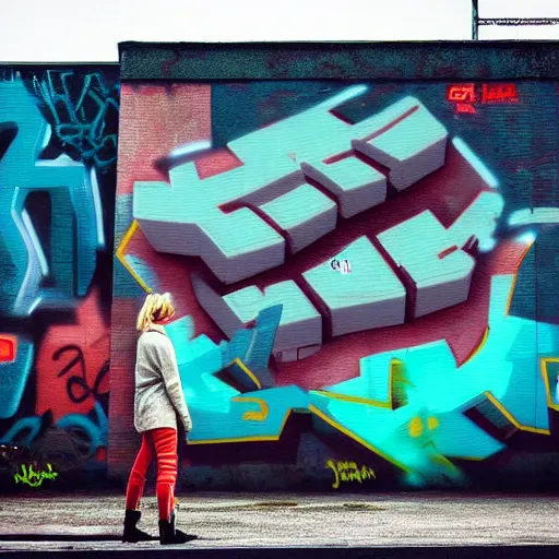 Prompt: “A forerunner structure with an graffiti mural of a character. Photograph in the style of Simon stålenhag.”