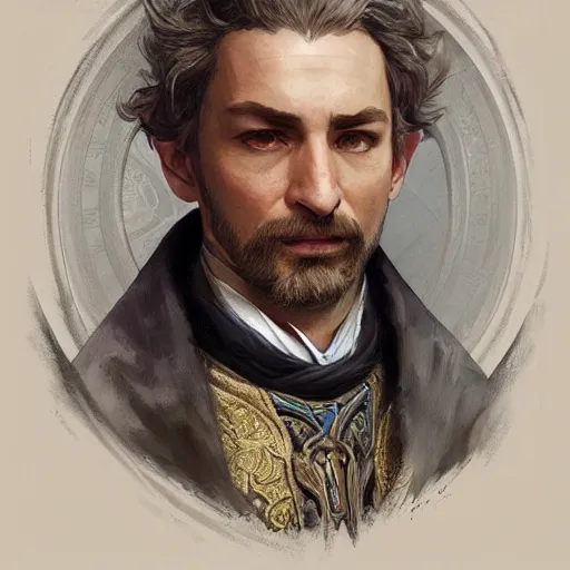 Image similar to georgian nobleman, portrait, D&D, fantasy, highly detailed, digital painting, artstation, concept art, sharp focus, illustration, art by artgerm and greg rutkowski and alphonse mucha