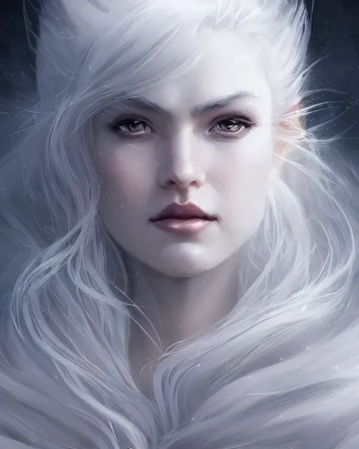 Image similar to portrait of a beautiful fierce snow and storm goddess, flowy white grey hair, grey eyes, cinematic lighting, highly detailed, digital painting, trending on artstation, pixiv, concept art, sharp focus, illustration, art by ross tran and wlop