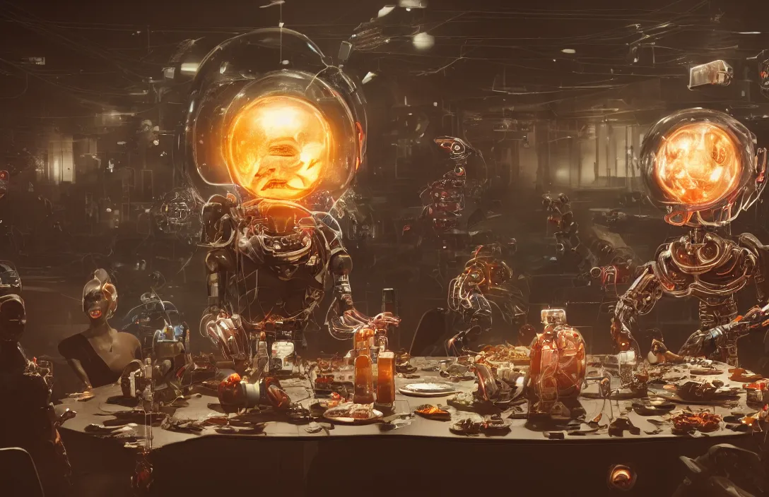 Image similar to mirta legrand's heads floating in a fishbowl with cybernetic tubes in a robot body sitting at the table having lunch with cyborgs in the apocalypse. cyberpunk movie, octane render