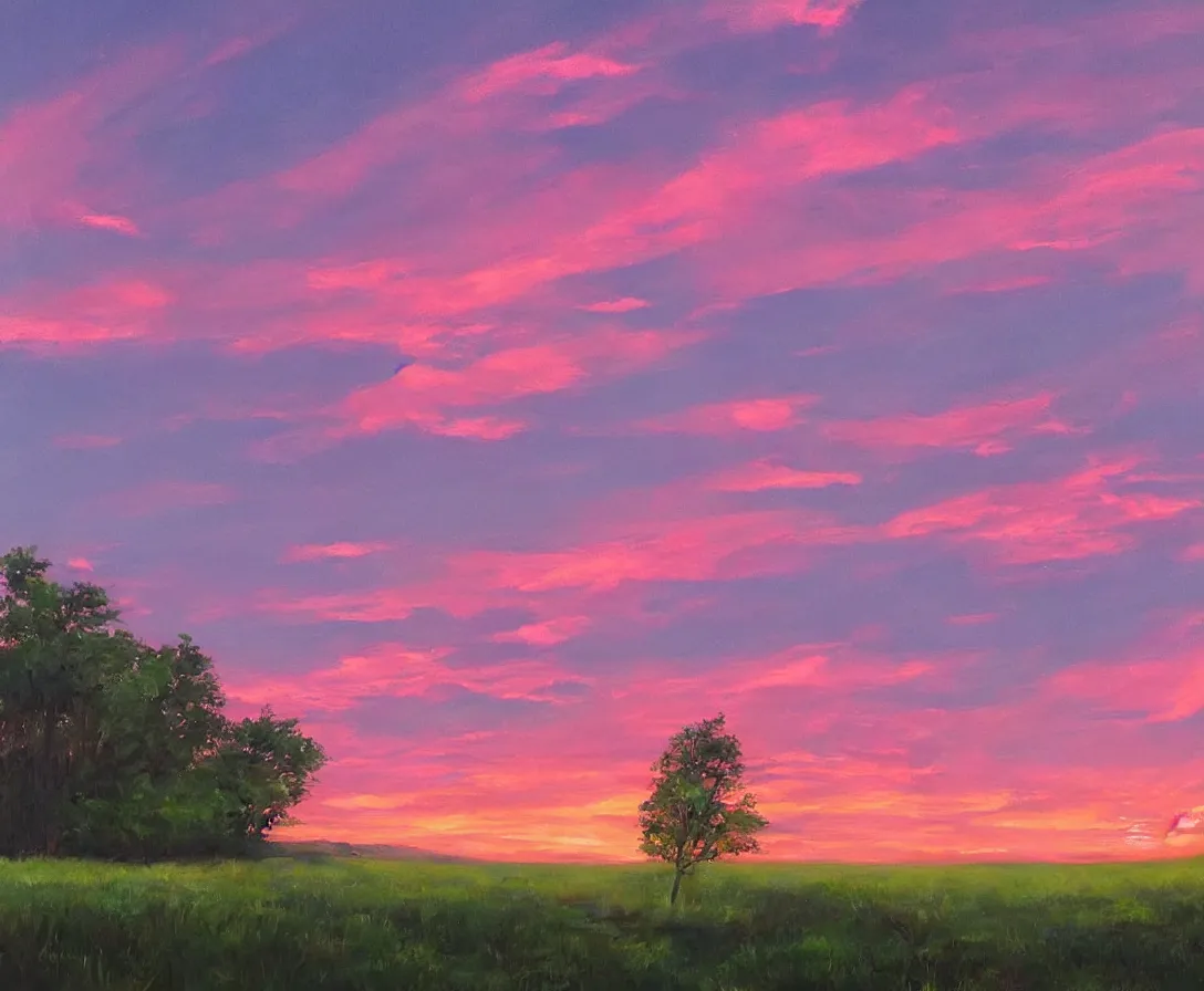 Prompt: sprawling majestic landscape, beautiful nature, pink sky, sunset, calm, serene, painting