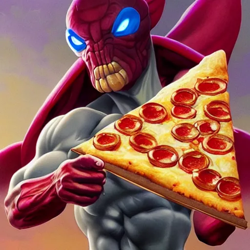 Image similar to ultra realistic illustration of the noid stealing a pizza from thanos, intricate, elegant, highly detailed, digital painting, artstation, concept art, smooth, sharp focus, illustration, art by artgerm and greg rutkowski and alphonse mucha