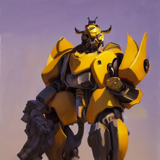 Image similar to greg manchess portrait painting of bumblebee the transformer as overwatch character, medium shot, asymmetrical, profile picture, organic painting, sunny day, matte painting, bold shapes, hard edges, street art, trending on artstation, by huang guangjian, gil elvgren, ruan jia, greg rutkowski, gaston bussiere