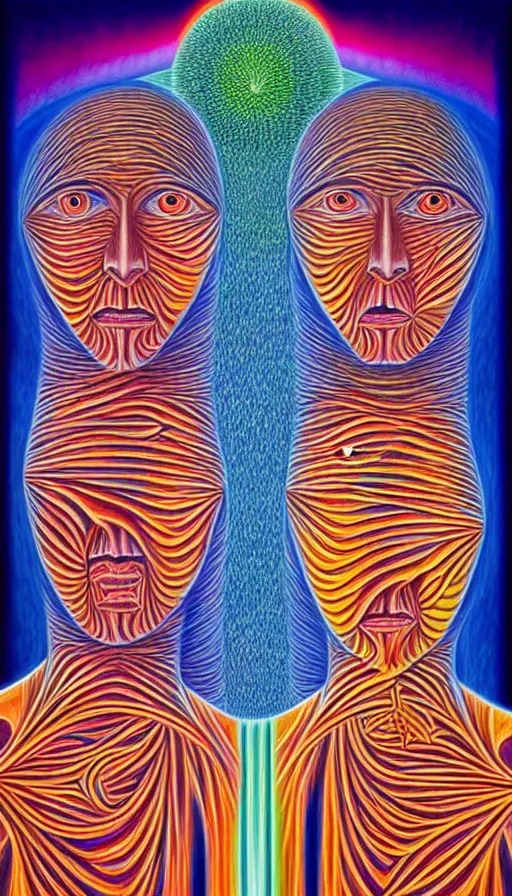 Image similar to the two complementary forces that make up all aspects and phenomena of life, by Alex Grey ,