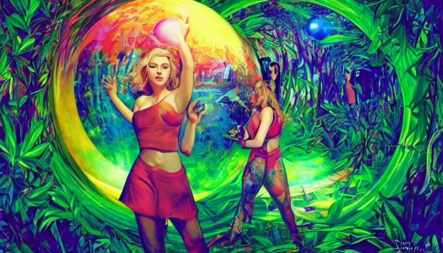 Image similar to scarlett johansson in psychodelic dmt lsd forest looking at a shiny sphere, photorealistic, artgerm, artwork by Rossier, Jessica