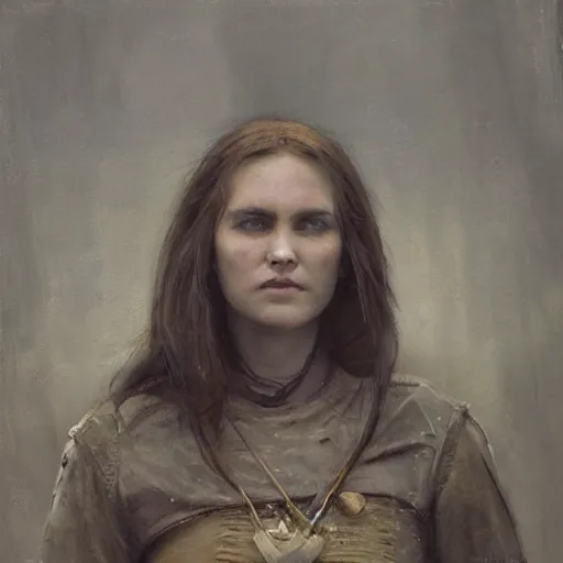 Image similar to Richard Schmid and Jeremy Lipking full length portrait painting of A shield-maiden (Old Norse: skjoldmø [ˈskjɑldˌmɛːz̠]) was a female warrior from Scandinavian folklore and mythology. Shield-maidens are often mentioned in sagas such as Hervarar saga ok Heiðreks and in Gesta Danorum. They also appear in stories of other Germanic peoples: Goths, Cimbri, and Marcomanni.[1] The mythical Valkyries may have been based on such shield-maidens. She carries a shield on one arm, and a spear in her other hand