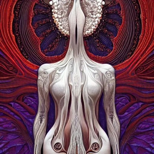 Prompt: a creature from a parallel universe by alexander mcqueen, zdzisław beksinski and alphonse mucha. highly detailed, hyper - real, very beautiful, intricate fractal details, very complex, opulent, epic, mysterious, trending on deviantart and artstation, polished and minimalist redesign by zaha hadid and iris van herpen