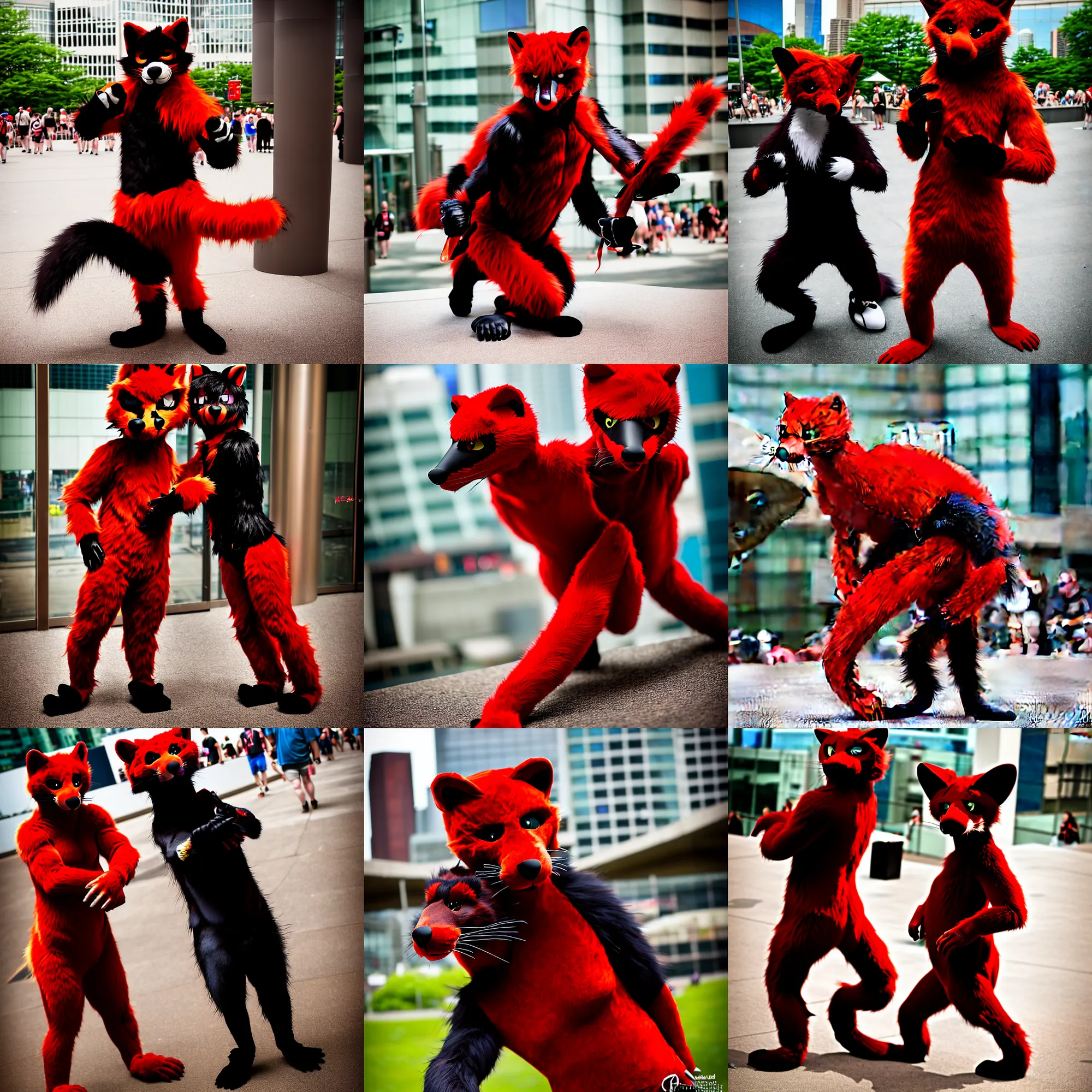 Image similar to fullbody photoshoot photo portrait of a roguish male red - black furred weasel furry fursuiter ( wearing tail ), taken at anthrocon ( furry convention )
