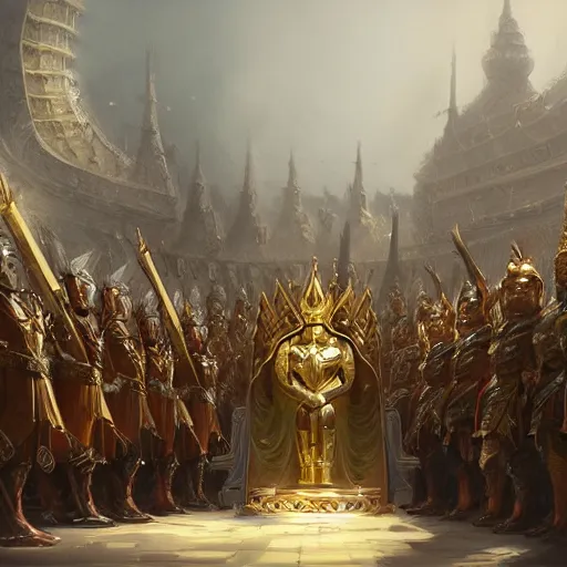 Prompt: Coronation ceremony of a young new king wearing a golden armor and he is surrounded by his subjects and guards, fantasy, highly detailed, digital painting, artstation, concept art, illustration, art by Bayard Wu and Marc Simonetti