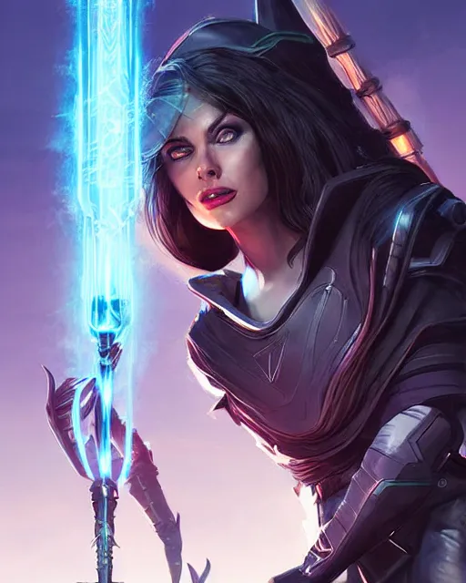 Prompt: A witch wielding a futuristic power staff, digital apex legends illustration portrait, gorgeous lighting, wide angle action dynamic portrait, perspective shot, art by Aleksi Briclot,