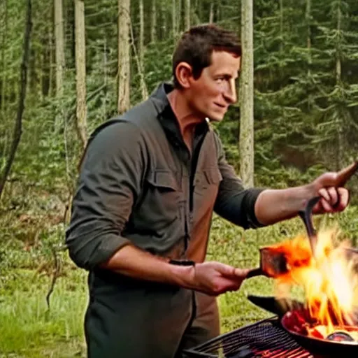 Prompt: film still of bear grylls in a bear costume cooking a grill