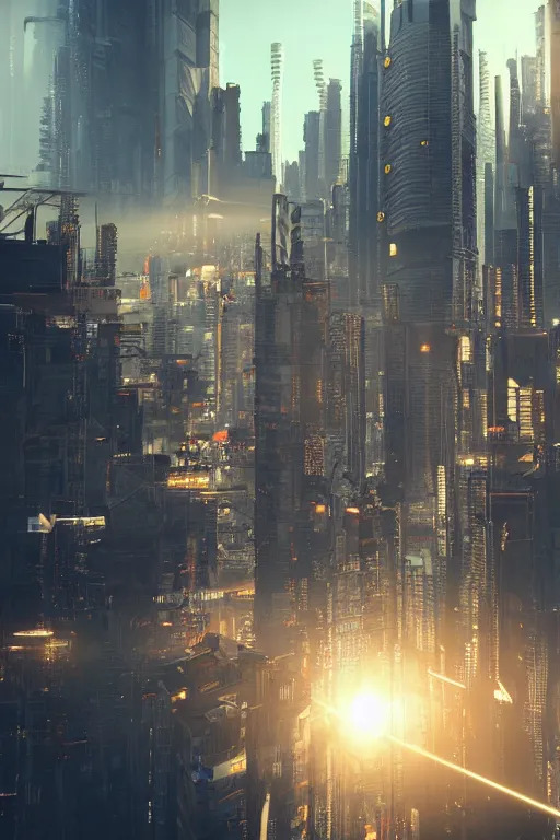 Image similar to cyberpunk cityscape like tokyo nework with tall buildings at dusk golden hour cinematic lighting, epic composition. A golden daylight, hyper-realistic environment. Hyper and intricate detail, photo-realistic. Cinematic and volumetric light. Epic concept art. Octane render and Unreal Engine, trending on artstation