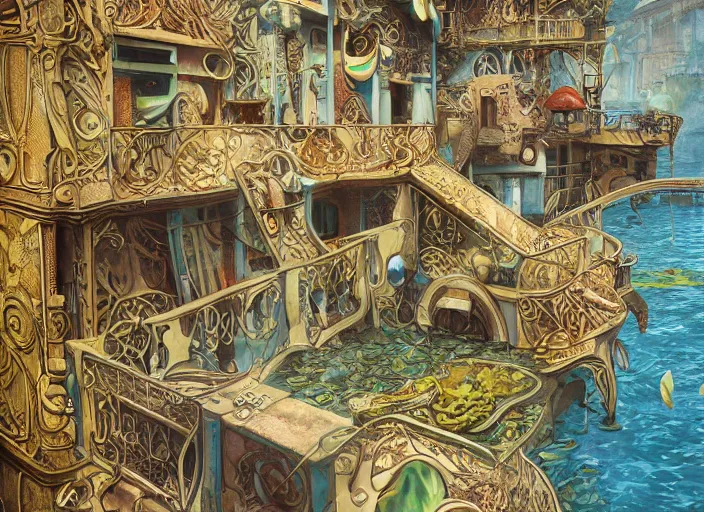 Image similar to art nouveau favela, underwater environment, scenery, professional, award - winning, trending on artstation, hyper detailed, realistic, beautiful, emotional, shiny, golden, picture