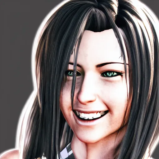 Prompt: high quality screenshot of tifa lockhart with tattoos, smiling, trending on artstation