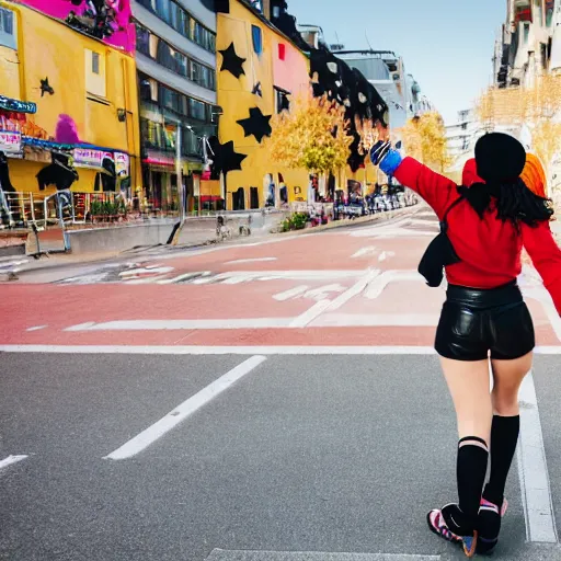 Image similar to Teenage girl, French girl, black beret, black beret with a red star, black shirt with red star, black leather shorts, rollerblading, rollerskates, grinding on railing, city on a hillside, colorful buildings, futuristic architecture