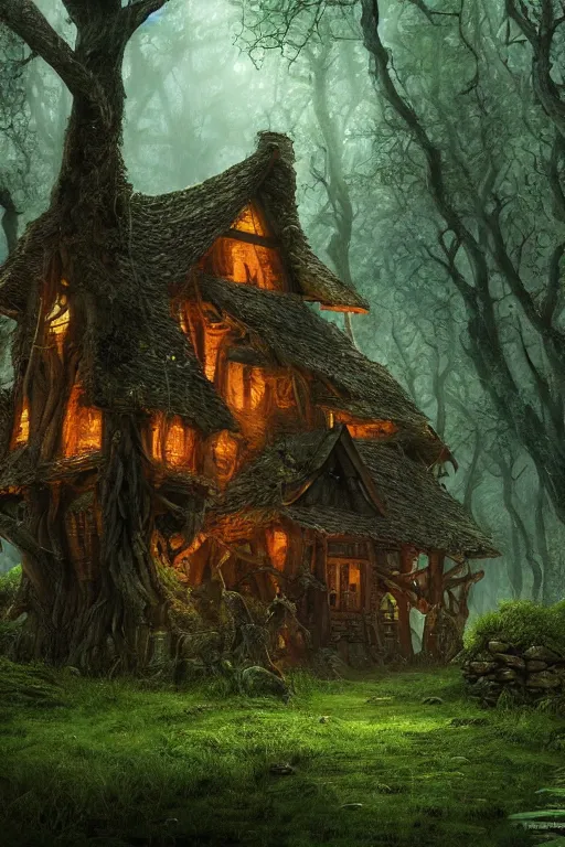 Image similar to the wooden house of a ancient witch in an ancient old forrest, eeire mood, lush vegetation, Dynamic lighting, cinematic, establishing shot, extremely high detail, photo realistic, cinematic lighting, , post processed denoised, concept design, concept art, artstation, matte painting, midjourney, style by alex ross, raphael lacoste, eddie mendoza