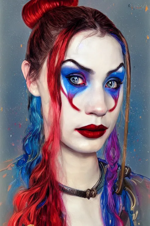 Image similar to portrait of beautiful young Harley Quinn maiden, highly detailed, artstation, illustration, art by Gustav Klimt