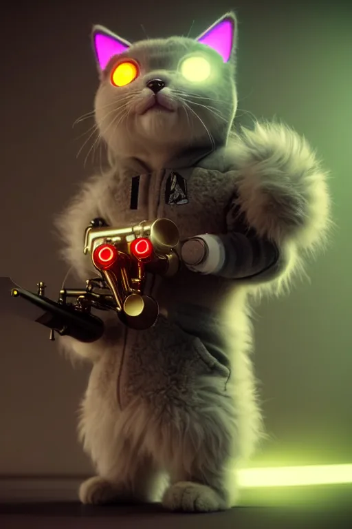 Image similar to high quality 3 d render very cute fluffy cyborg!! cat plays trumpet, cyberpunk highly detailed, unreal engine cinematic smooth, in the style of blade runner & detective pikachu, hannah yata charlie immer, moody light, low angle, uhd 8 k, sharp focus