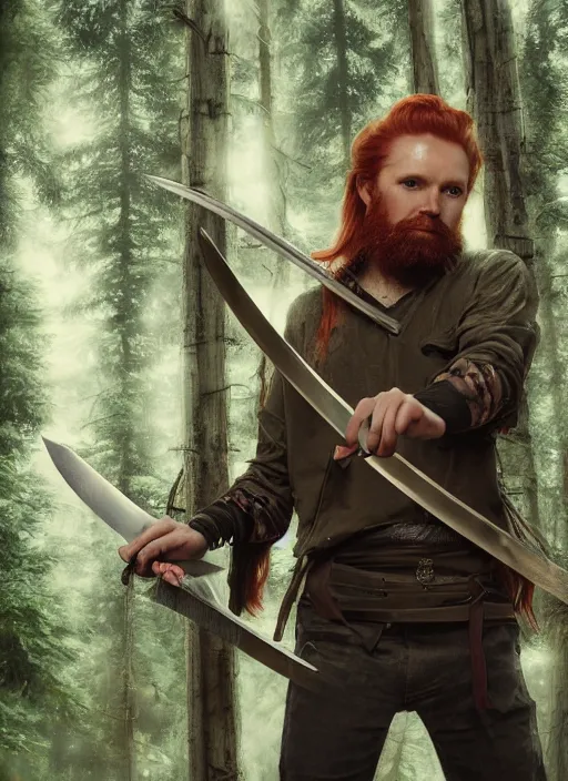 Image similar to 8K, grungy redhead 30-something bearded long haired swordsman holding a short curved sword in a ultradetailed pacific northwest redcedar forest, smooth, sharp focus, illustration. sharp focus, grungy matte painting detailed, intricate, cinematic lighting,