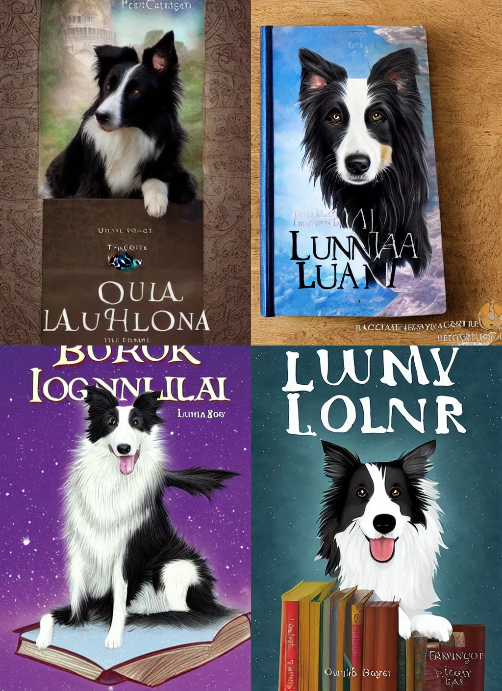 Prompt: border collie dog on book cover, fantasy book cover, book title LUNA!