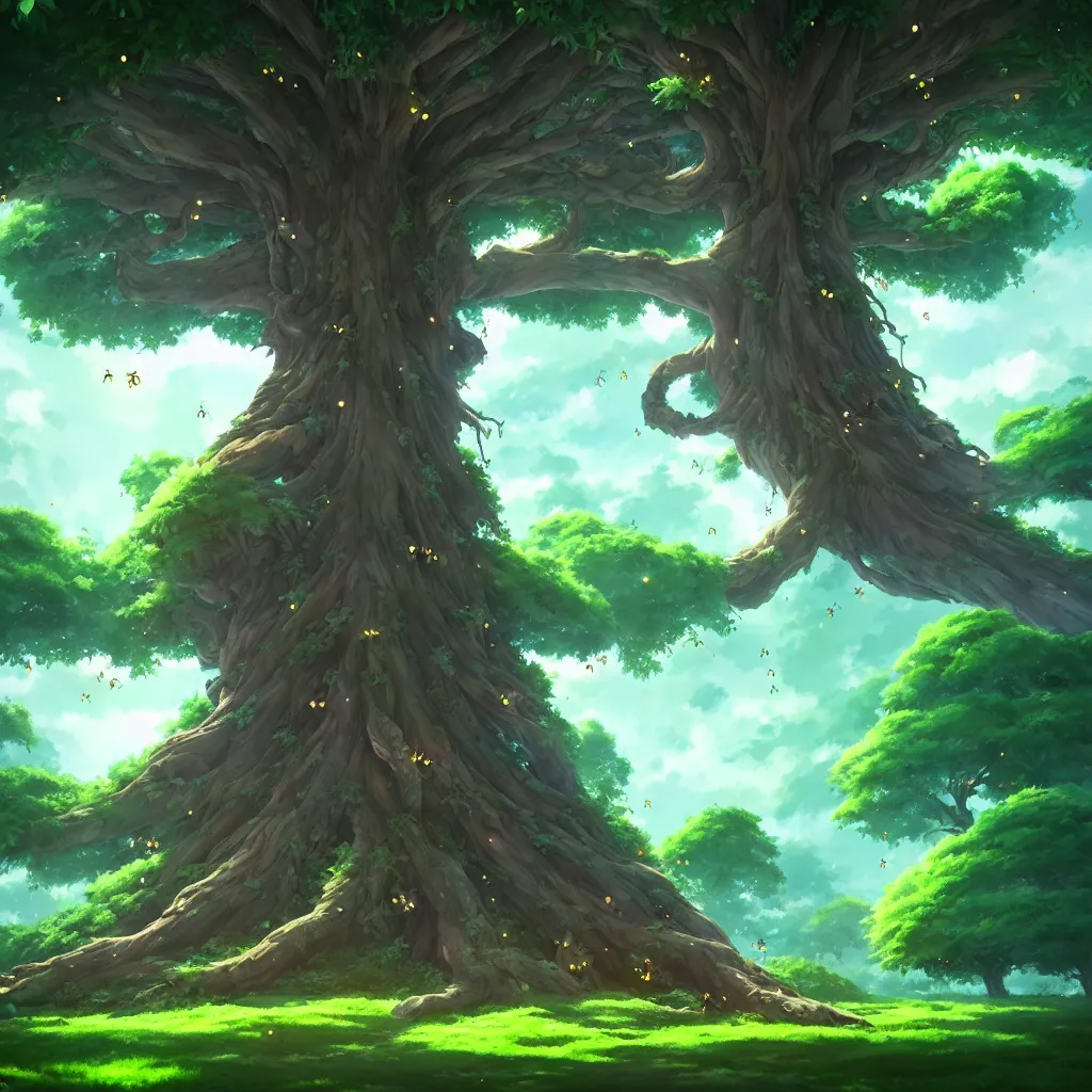 Image similar to very large, old tree, with vanes all over it. epic tree. tiny bugs and fireflies. slightly glowing air. magic, fantasy, ghibli studio, anime, unreal engine, artstation, all seasons