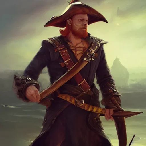 Prompt: amazing lifelike illustration of heroic handsome charming ginger rogue, long slender pointed ears, wearing a tricorne pirate captain hat, naval background, award-winning art by Greg Rutkowski