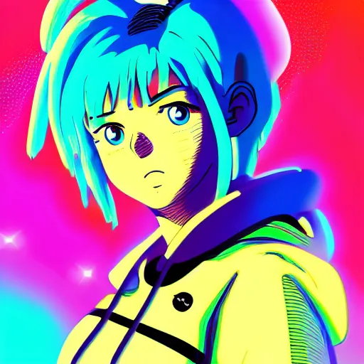 Image similar to bulma in hoodie, portrait, vaporwave, synthwave, neon, vector graphics, cinematic, volumetric lighting, f 8 aperture, cinematic eastman 5 3 8 4 film