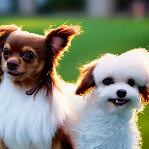 Prompt: a photorealistic closeup image of a cute brown colored long haired chihuahua cocker spaniel dog with short ears playing with a happy white bichon frise dog at the park. brightly lit. extreme detail. 4 k hd unreal engine