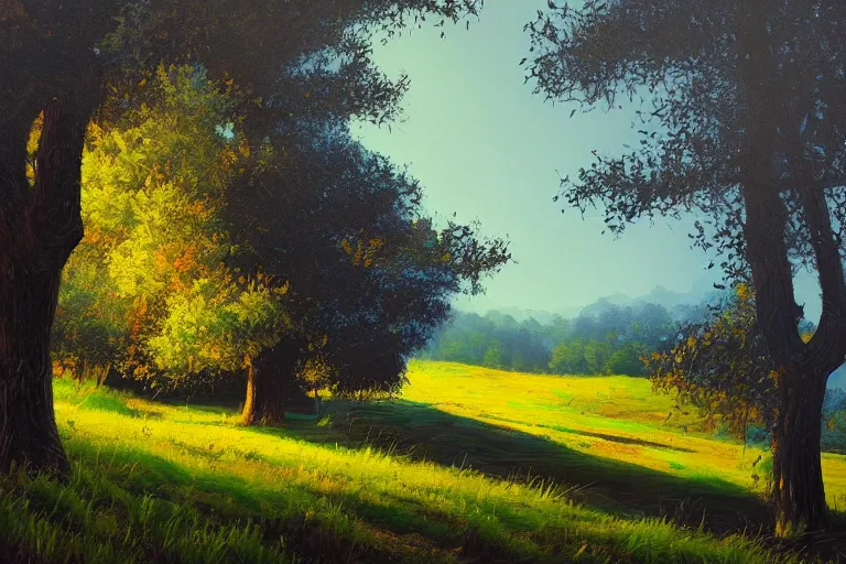 Image similar to masterpiece painting of oak trees on a hillside overlooking a creek, dramatic lighting, by alena aenami