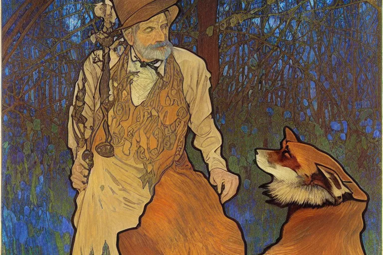 Image similar to landscape art nouveau painting of an old man dressed as a farmer and his fox in the forest, by alphonse mucha and gustav klimt and antoni gaudi, masterpiece,, warm shades of blue, silver, orange, gold, and pink, oil painting, high resolution, very detailed, oil on canvas