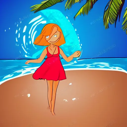 Image similar to a beautiful girl open a portal to the beach, cartoon style