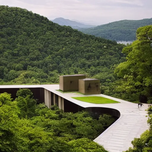 Image similar to lush and beautiful green mountain landscape, with a brutalist futuristic building, architecture, unpainted concrete, by aalto alvar, by ando tadao, by chipperfield david, frank lloyd wright, by peter zumthor