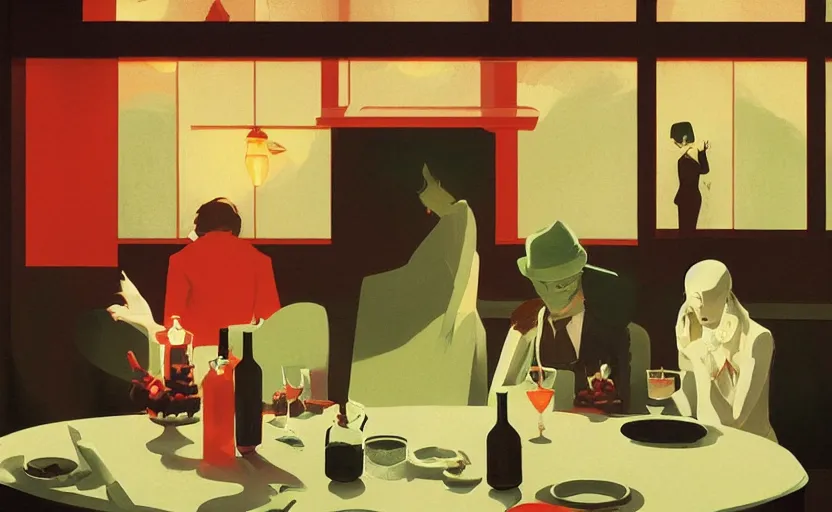 Image similar to a mysterious dinner scene illustration by atey ghailan and escher and edward hopper, japanese surreal