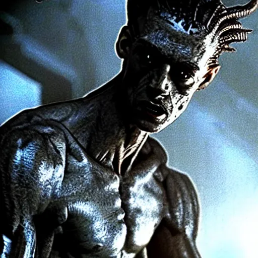 Prompt: tall muscular soldier with rock - like skin texture, still from the movie aliens, fog, dramatic lighting