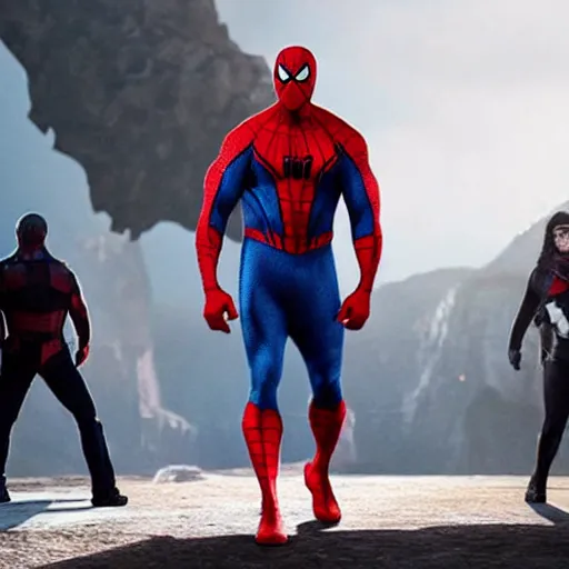 Image similar to dwayne johnson entrance scene wearing spiderman costumes