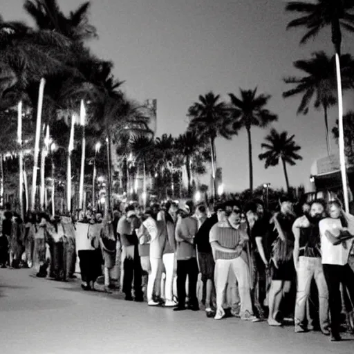 Prompt: a medium shot of a line of people outside of a trendy nightclub at midnight, palm trees on the street, directed by christopher nolan