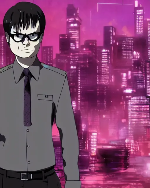 Prompt: a still of dwight schrute in ghost in the shell. anime style. highly detailed.