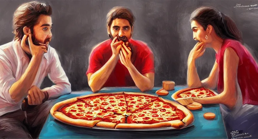 Image similar to people eating pizza. art by salman toor. faithfully depicted facial expression, perfect anatomy, sharp focus, global illumination, radiant light, detailed and intricate environment, trending on artstation