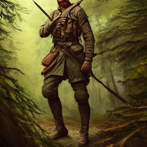 Image similar to male soldier in the forest, by annie leibowitz!!!, D&D, fantasy, intricate, elegant, highly detailed, digital painting, artstation, concept art, matte, sharp focus, illustration