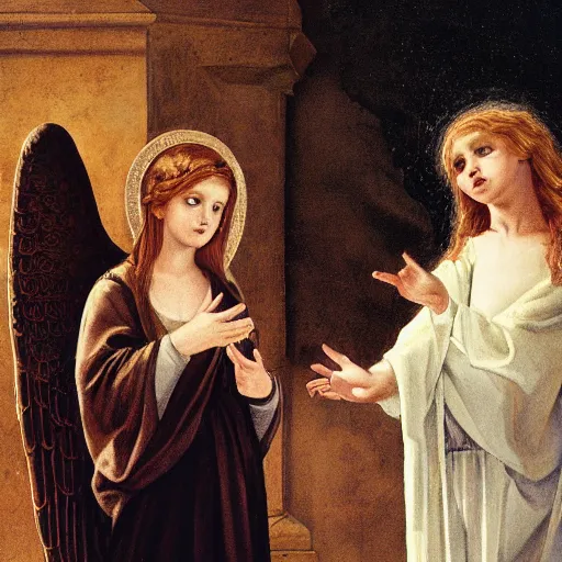 Image similar to an biblically accurate angel having a conversation with a very confused goth girl, masterpiece, old painting, 4 k scan, high attention to detail.