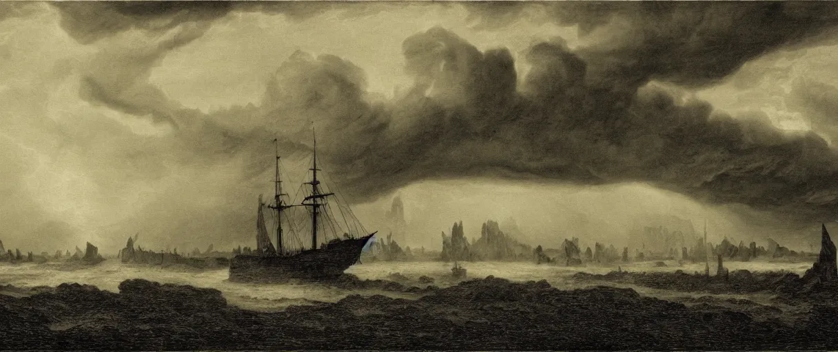 Image similar to an engraving portrait of dagon, caspar david friedrich, foggy, depth, strong shadows, stormclouds, illuminated focal point, highly detailed