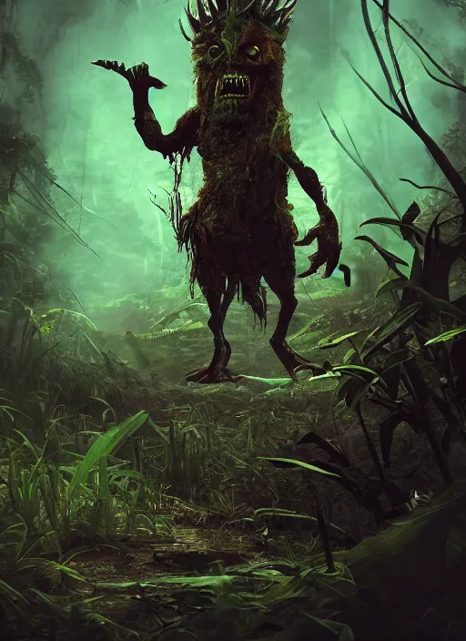 Image similar to terrific monster in middle of jungle, horror, dark atmosphere, harsh lighting, cinematic lighting, scary, award wining art, artstation, high details, concept art, 4 k