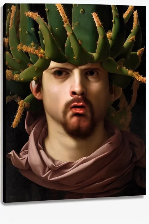 Image similar to renaissance painting of evil men, portrait, angry face closeup, emotions closeup, dressed in spartan armour, the beautiful garden with cactus bush everywhere, ultra detailed, art by guido reni style, vincenzo catena style