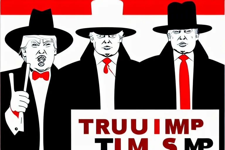 Prompt: poster illustration of donald trump and donald trump wearing trench coats and big black hats starring in spy vs spy